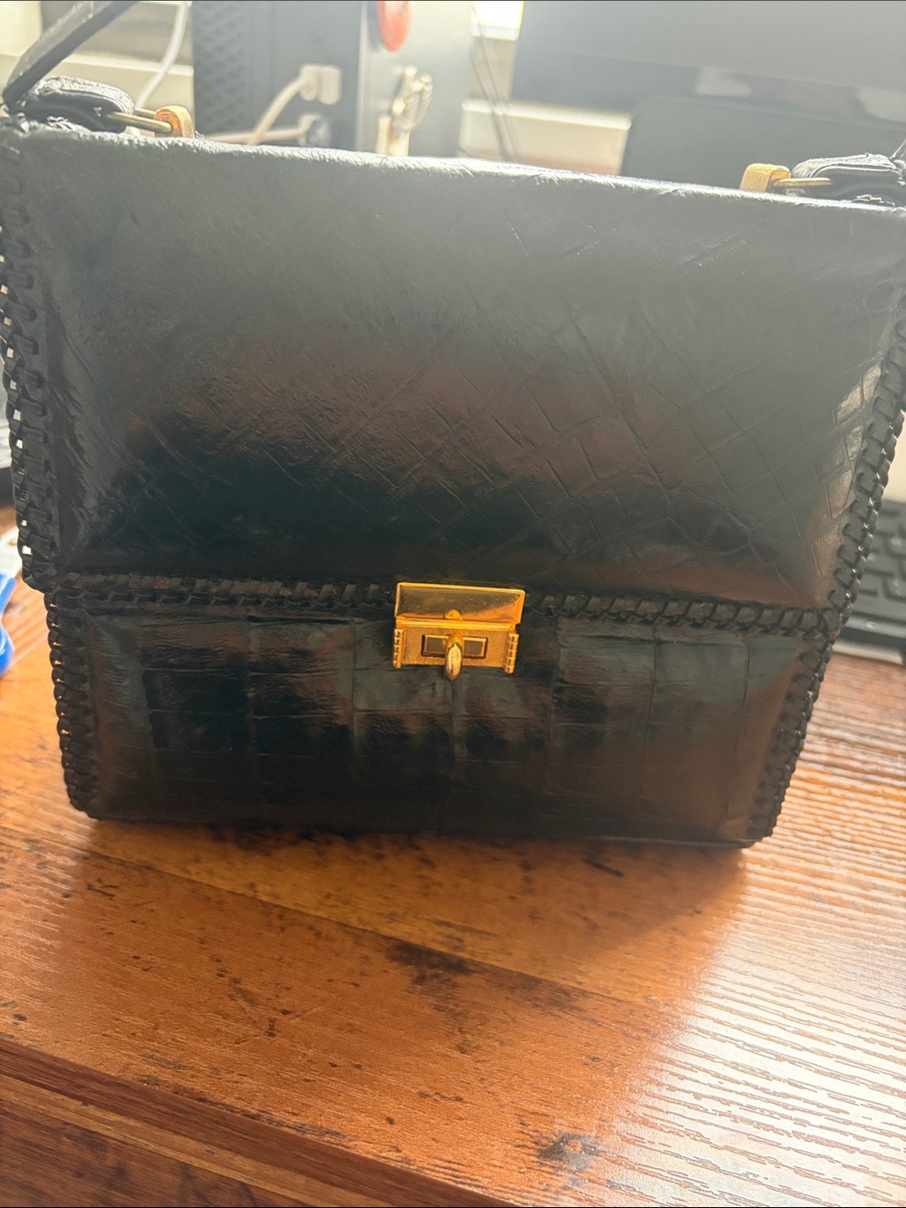 Black Women's Leather Crossbody Bag with Gold Turn-Lock